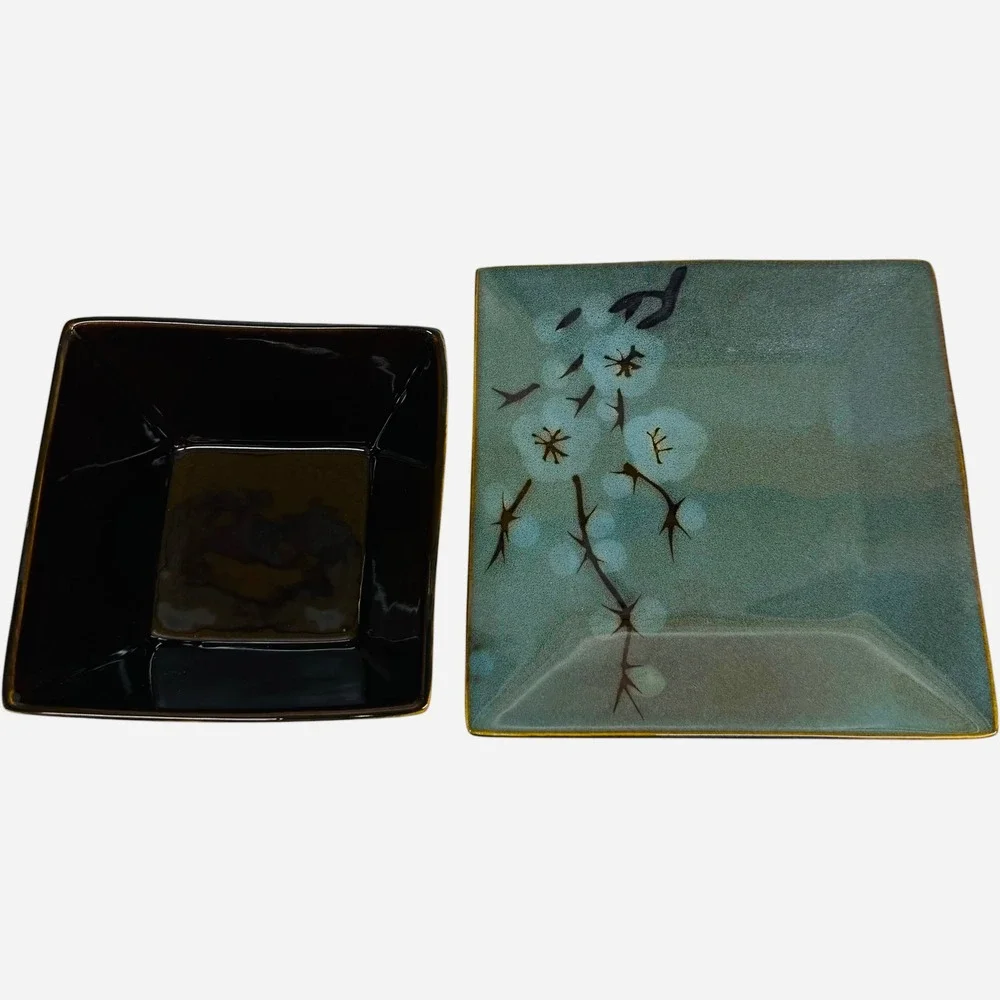 Pier 1 Tranquil Stoneware Square Bowl and Plate Set Blue Floral Teal Brown